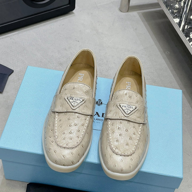 PRA OSTRICH PATTERN LOAFERS CREAMY WHITE CALFSKIN
