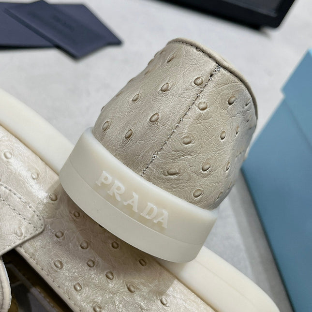 PRA OSTRICH PATTERN LOAFERS CREAMY WHITE CALFSKIN