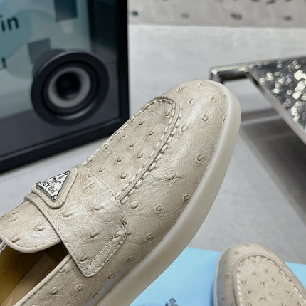 PRA OSTRICH PATTERN LOAFERS CREAMY WHITE CALFSKIN