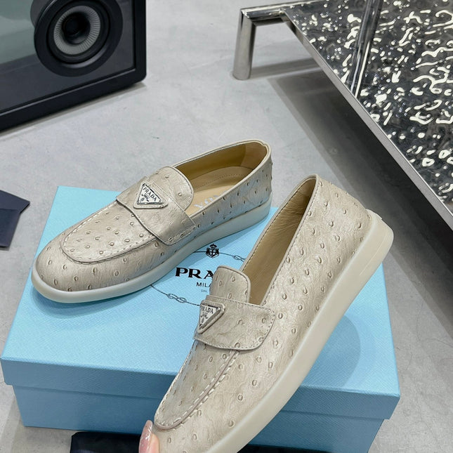 PRA OSTRICH PATTERN LOAFERS CREAMY WHITE CALFSKIN