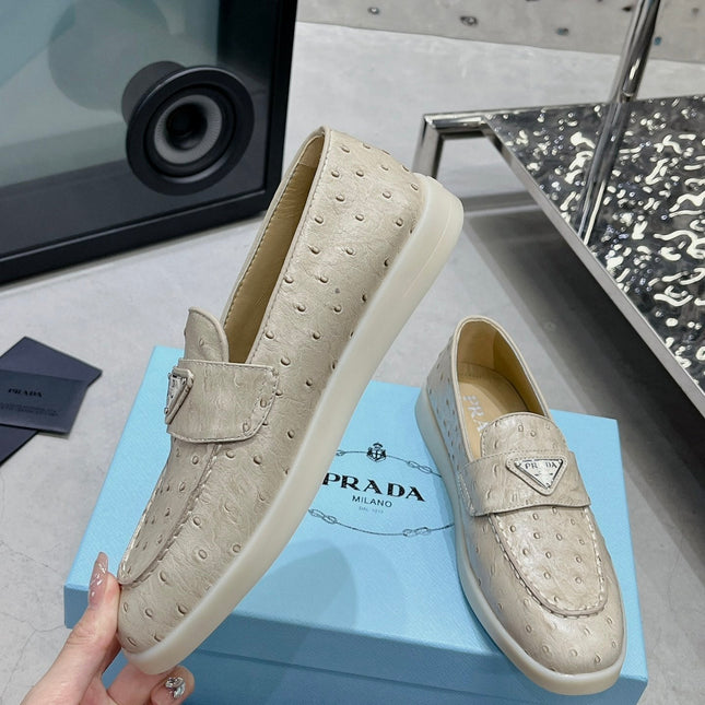 PRA OSTRICH PATTERN LOAFERS CREAMY WHITE CALFSKIN