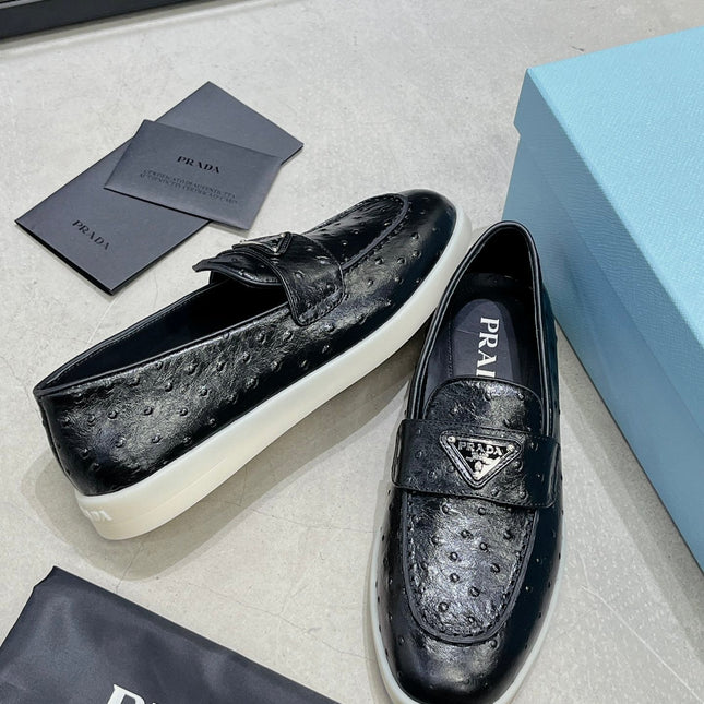 PRA OSTRICH PATTERN LOAFERS BLACK CALFSKIN