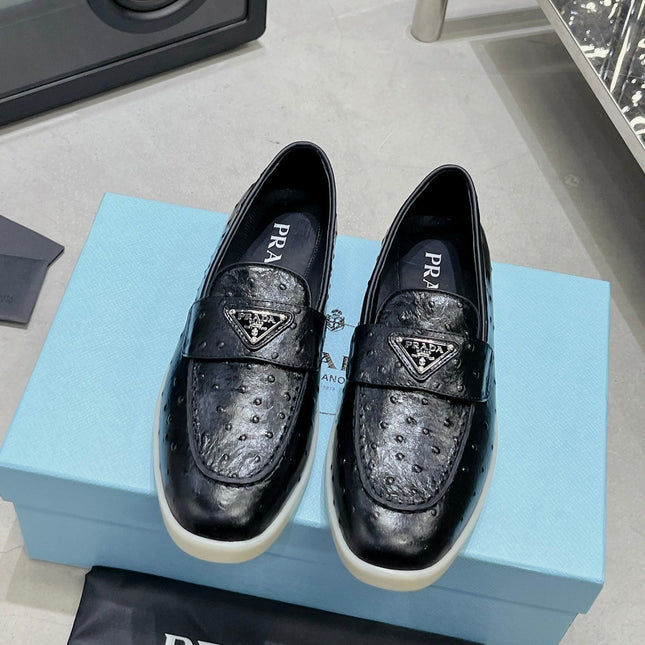 PRA OSTRICH PATTERN LOAFERS BLACK CALFSKIN