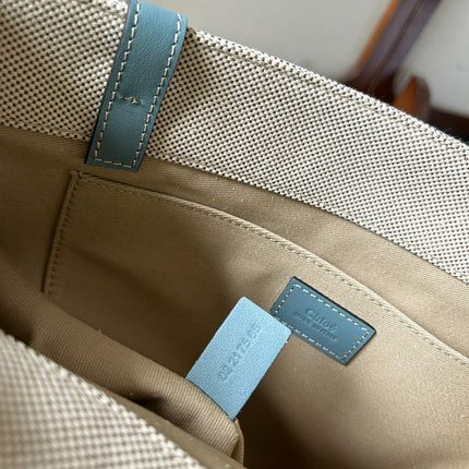 LAGRE WOODY TOTE BAG 45 IN BEIGE LINEN CANVAS BLACK WEBBING LOGO EMBROIDER BLUE CALFSKIN
