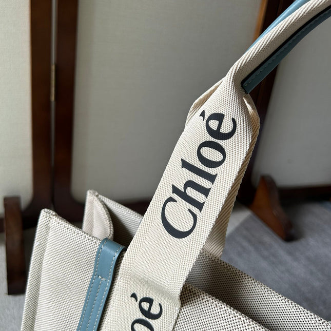 LAGRE WOODY TOTE BAG 45 IN BEIGE LINEN CANVAS BLACK WEBBING LOGO EMBROIDER BLUE CALFSKIN