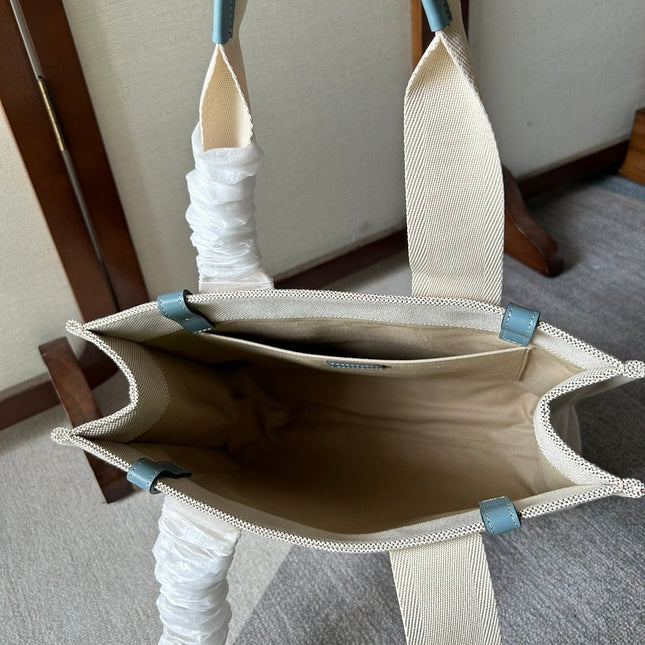 LAGRE WOODY TOTE BAG 45 IN BEIGE LINEN CANVAS BLACK WEBBING LOGO EMBROIDER BLUE CALFSKIN