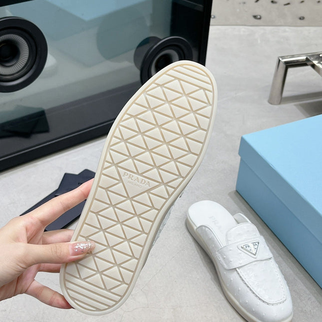 PRA OSTRICH PATTERN MULES WHITE CALFSKIN