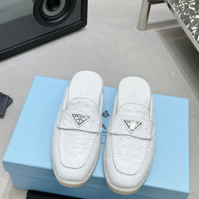 PRA OSTRICH PATTERN MULES WHITE CALFSKIN