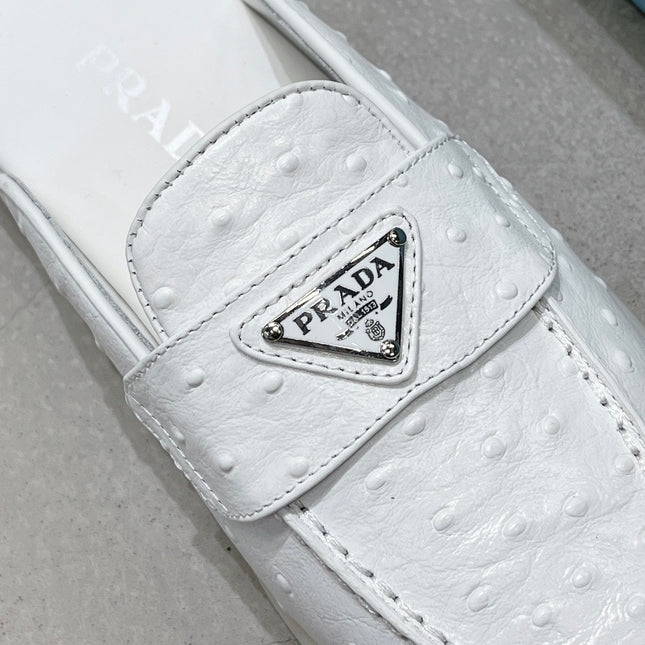 PRA OSTRICH PATTERN MULES WHITE CALFSKIN