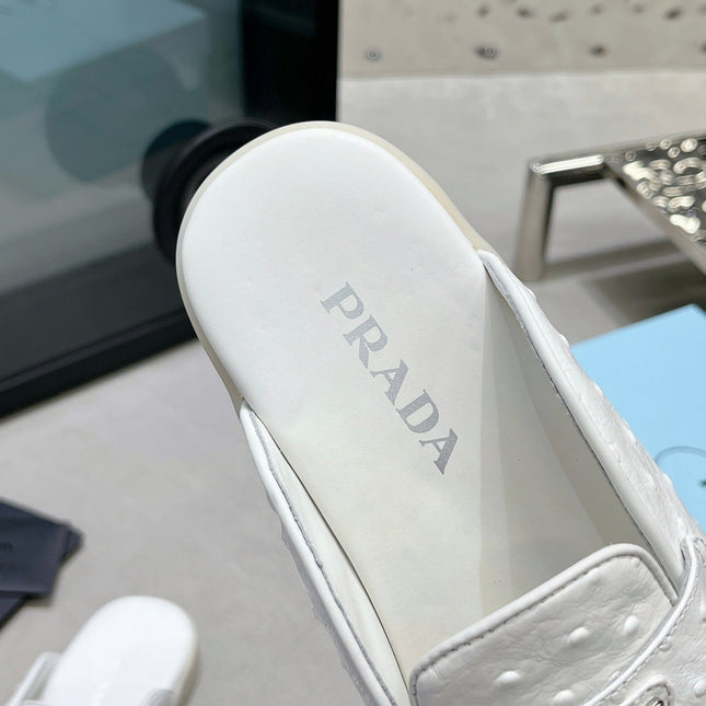 PRA OSTRICH PATTERN MULES WHITE CALFSKIN