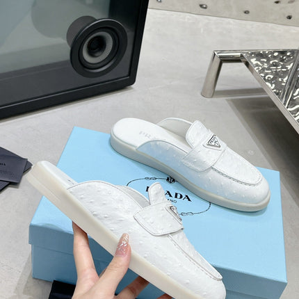 PRA OSTRICH PATTERN MULES WHITE CALFSKIN