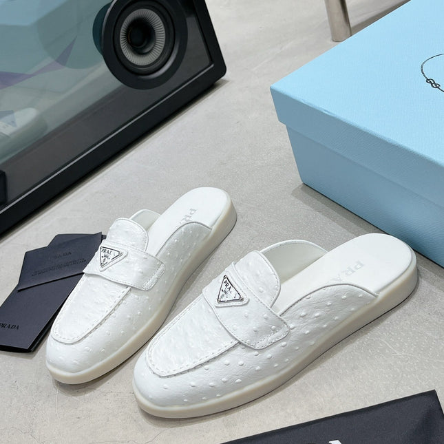 PRA OSTRICH PATTERN MULES WHITE CALFSKIN