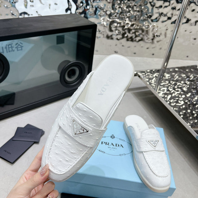 PRA OSTRICH PATTERN MULES WHITE CALFSKIN