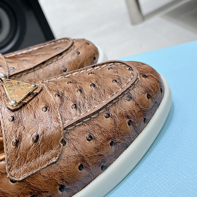 PRA OSTRICH PATTERN MULES CARAMEL CALFSKIN