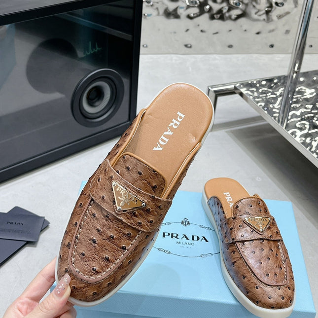 PRA OSTRICH PATTERN MULES CARAMEL CALFSKIN