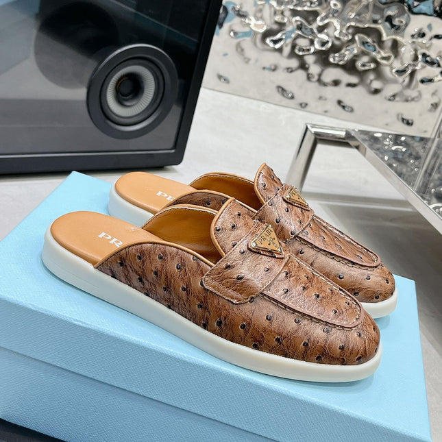 PRA OSTRICH PATTERN MULES CARAMEL CALFSKIN