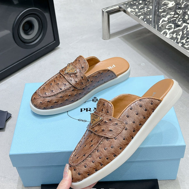 PRA OSTRICH PATTERN MULES CARAMEL CALFSKIN