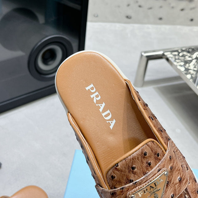 PRA OSTRICH PATTERN MULES CARAMEL CALFSKIN