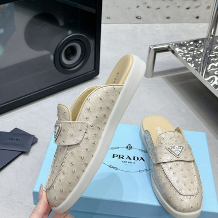 PRA OSTRICH PATTERN MULES CREAMY WHITE CALFSKIN