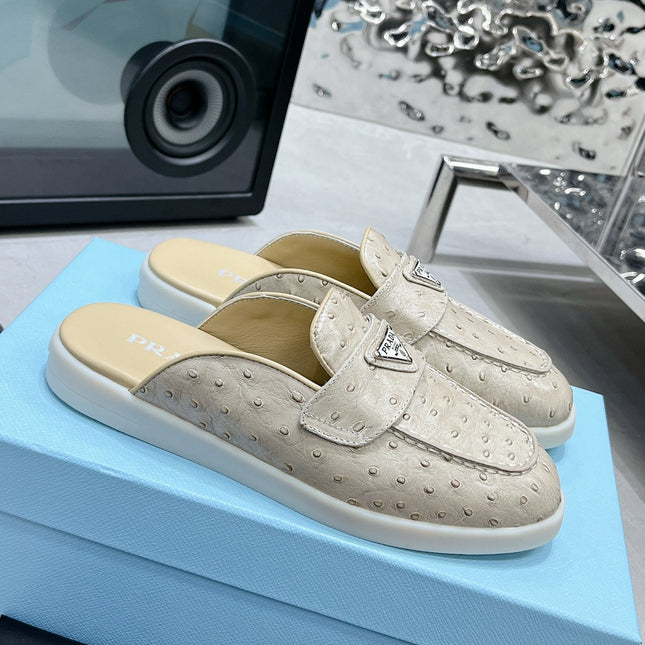 PRA OSTRICH PATTERN MULES CREAMY WHITE CALFSKIN