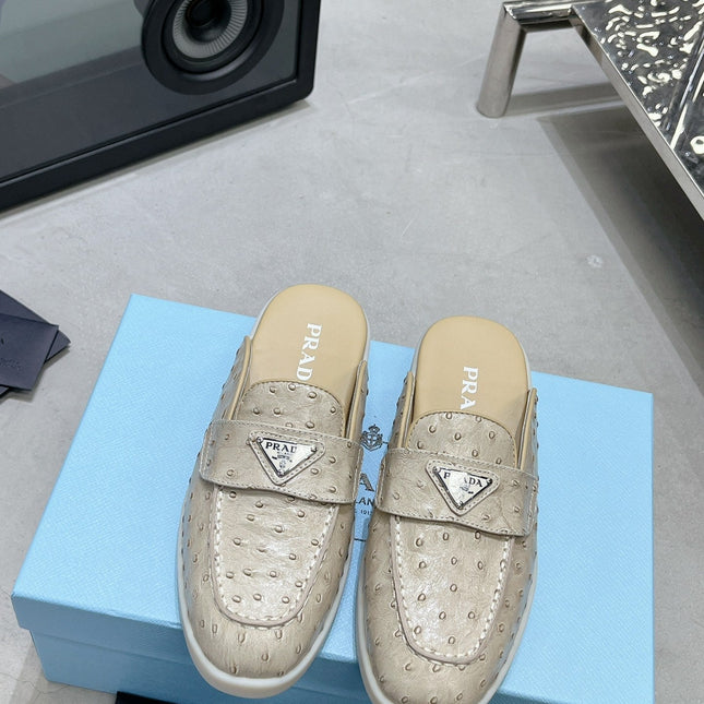 PRA OSTRICH PATTERN MULES CREAMY WHITE CALFSKIN
