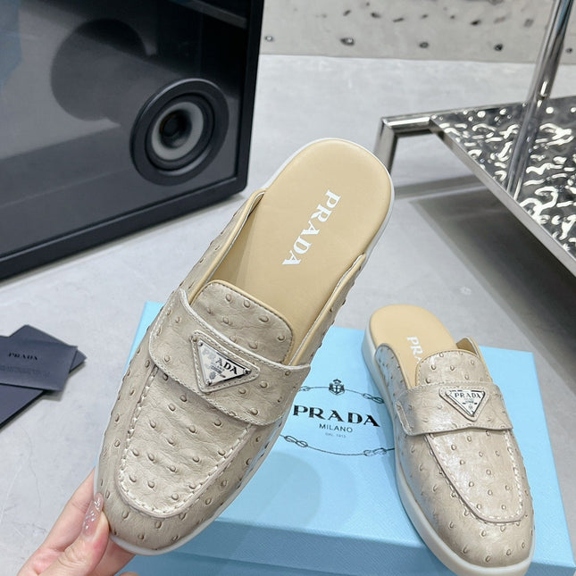PRA OSTRICH PATTERN MULES CREAMY WHITE CALFSKIN