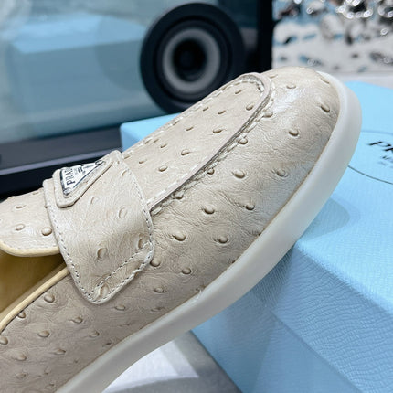 PRA OSTRICH PATTERN MULES CREAMY WHITE CALFSKIN