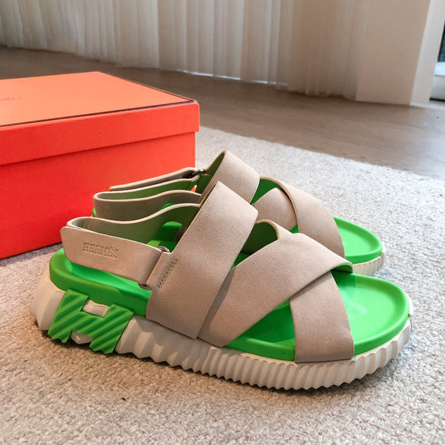 HM ELECTRIC SANDAL PARAKEET AND KHAKI SUEDE