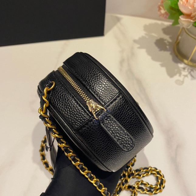 CC MINI 12 ROUND CHAIN BAG IN BLACK CALFSKIN GOLD HARDWARE