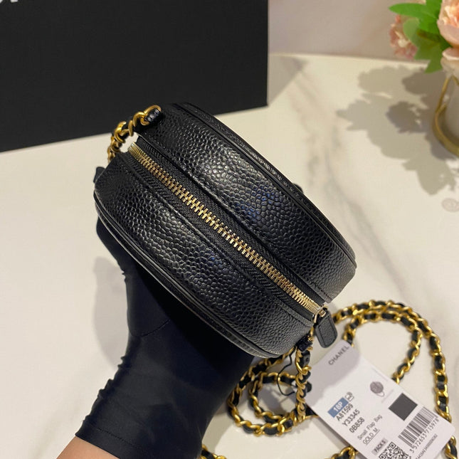 CC MINI 12 ROUND CHAIN BAG IN BLACK CALFSKIN GOLD HARDWARE