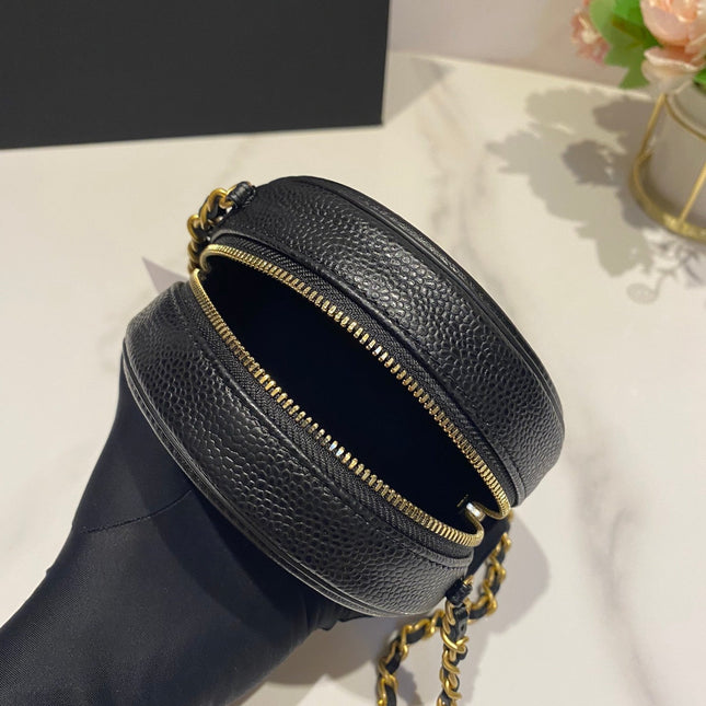 CC MINI 12 ROUND CHAIN BAG IN BLACK CALFSKIN GOLD HARDWARE