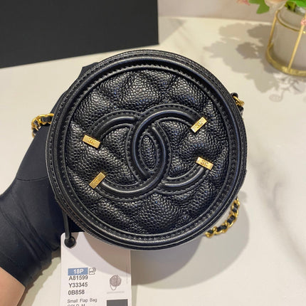 CC MINI 12 ROUND CHAIN BAG IN BLACK CALFSKIN GOLD HARDWARE
