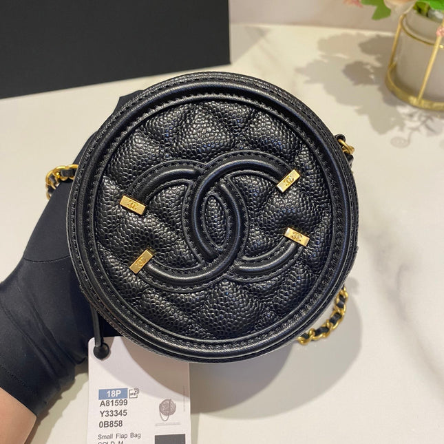 CC MINI 12 ROUND CHAIN BAG IN BLACK CALFSKIN GOLD HARDWARE