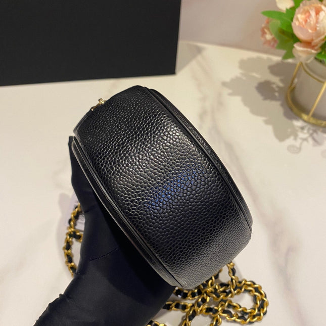 CC MINI 12 ROUND CHAIN BAG IN BLACK CALFSKIN GOLD HARDWARE