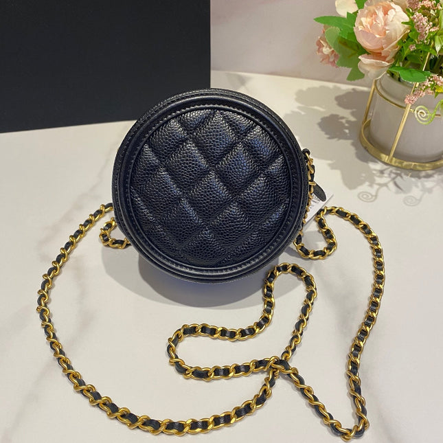 CC MINI 12 ROUND CHAIN BAG IN BLACK CALFSKIN GOLD HARDWARE