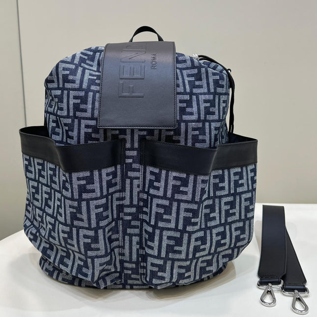 FENDI STRIKE LARGE 46 FF MIDNIGHT BLUE JACQUARD FABRIC BACKPACK