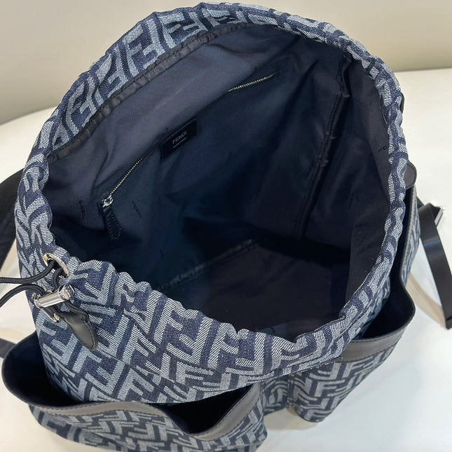 FENDI STRIKE LARGE 46 FF MIDNIGHT BLUE JACQUARD FABRIC BACKPACK