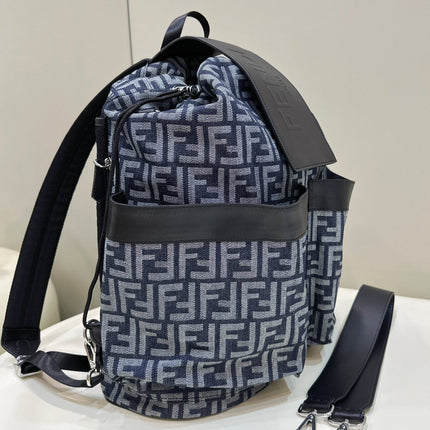 FENDI STRIKE LARGE 46 FF MIDNIGHT BLUE JACQUARD FABRIC BACKPACK