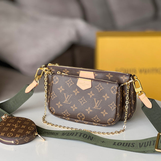 LV 25S MULTI POCHETTE ACCESSOIRES 25 IN BROWN MONOGRAM COATED CANVAS GREEN STRAP