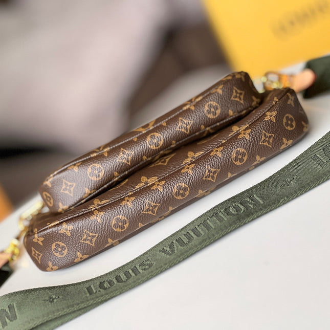 LV 25S MULTI POCHETTE ACCESSOIRES 25 IN BROWN MONOGRAM COATED CANVAS GREEN STRAP