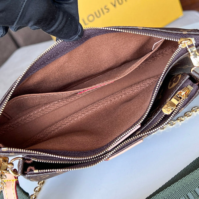 LV 25S MULTI POCHETTE ACCESSOIRES 25 IN BROWN MONOGRAM COATED CANVAS GREEN STRAP