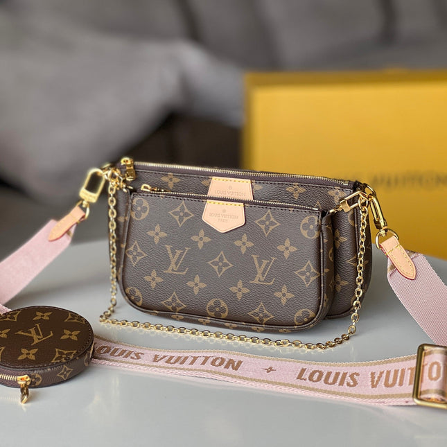 LV 25S MULTI POCHETTE ACCESSOIRES 25 IN BROWN MONOGRAM COATED CANVAS PINK STRAP