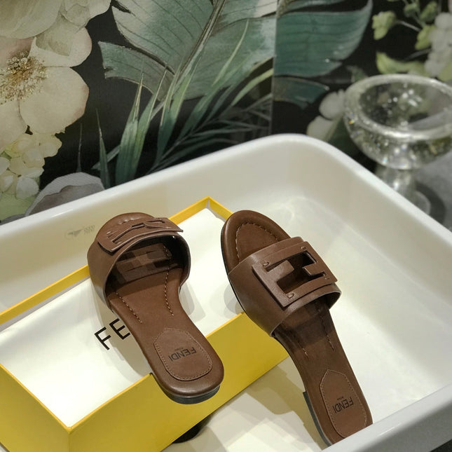 FENDI BAGUETTE SLIDES IN COFFEE BROWN LAMBSKIN