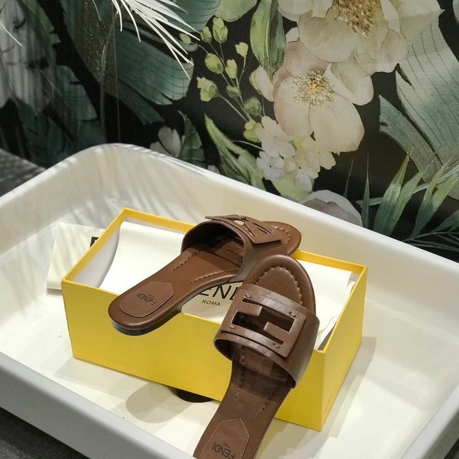 FENDI BAGUETTE SLIDES IN COFFEE BROWN LAMBSKIN