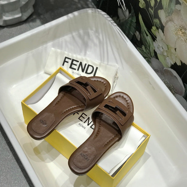 FENDI BAGUETTE SLIDES IN COFFEE BROWN LAMBSKIN
