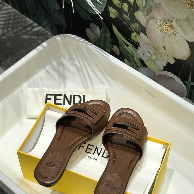 FENDI BAGUETTE SLIDES IN COFFEE BROWN LAMBSKIN