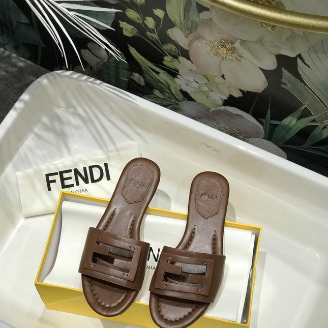 FENDI BAGUETTE SLIDES IN COFFEE BROWN LAMBSKIN