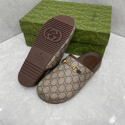 MULE WITH GOLD HORSEBIT IN BEIGE AND EBONY MONOGRAM CANVAS