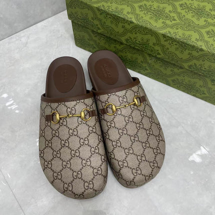 MULE WITH GOLD HORSEBIT IN BEIGE AND EBONY MONOGRAM CANVAS