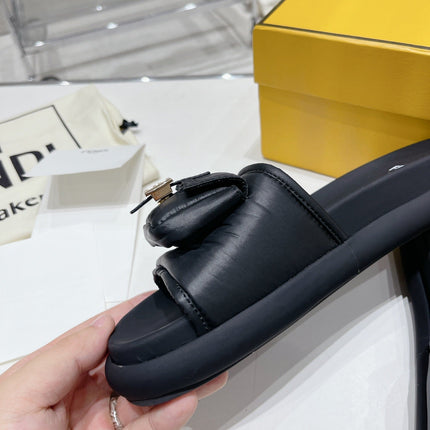 FENDI BAGUETTE SLIPPERS IN BLACK LAMBSKIN WITH GOLD HARDWARE
